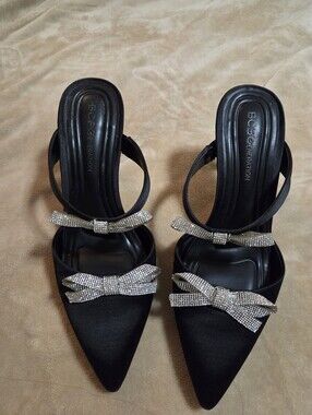BCBGeneration Black Satin Pointed Heels with Crystal Bow Accents